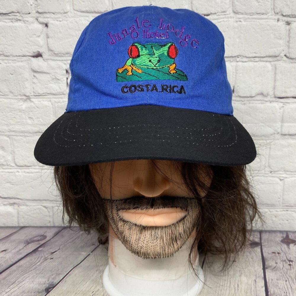 Vintage Dad Hat Cap Strap Back Blue Black Jungle Lodge Hotel Costa Rica Frog
